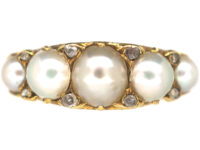 Victorian 18ct Gold, Natural Pearl & Rose Diamond Carved Half Hoop Ring
