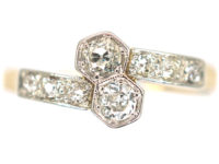 Art Deco 18ct Gold & Platinum Two Stone Diamond Crossover Ring with Diamond Set Shoulders