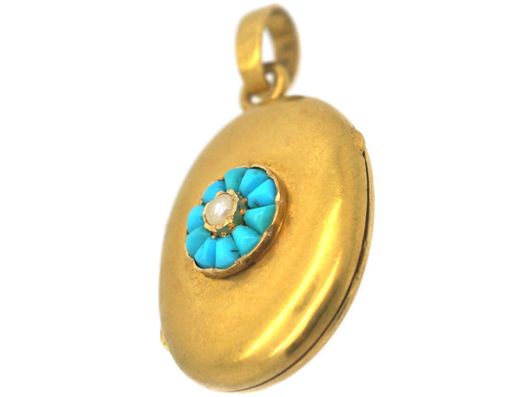 French 18ct Gold Oval Shaped Locket set with Turquoise & a Natural Split Pearl