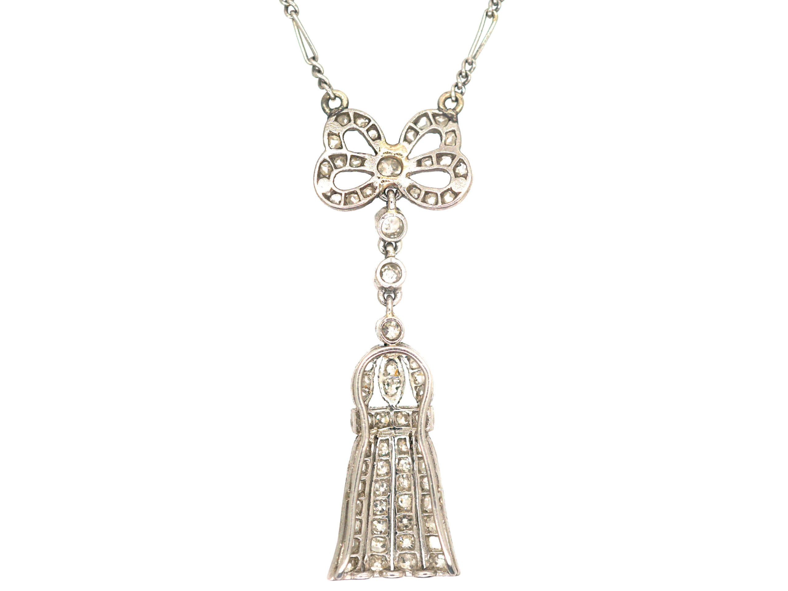 Edwardian Platinum, Diamond Bow & Tassel Pendant On Chain (356p Pr 