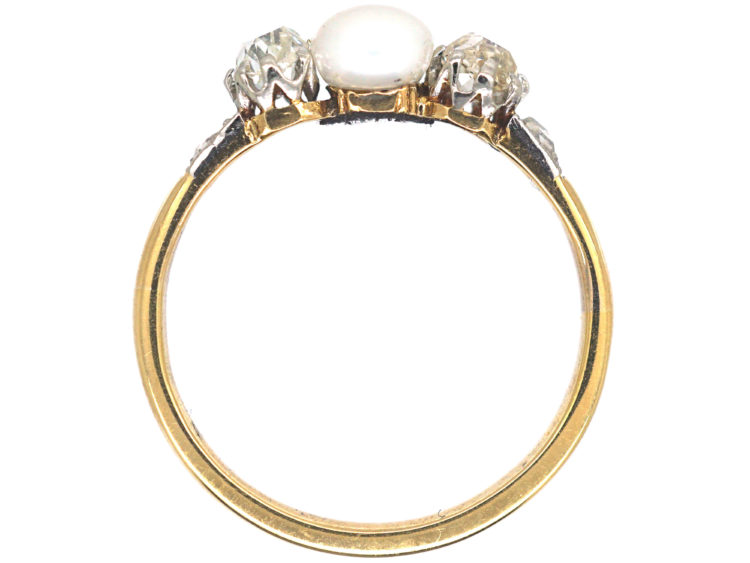 Edwardian 18ct Gold Old Mine Cut Diamond & Natural Bouton Pearl Ring