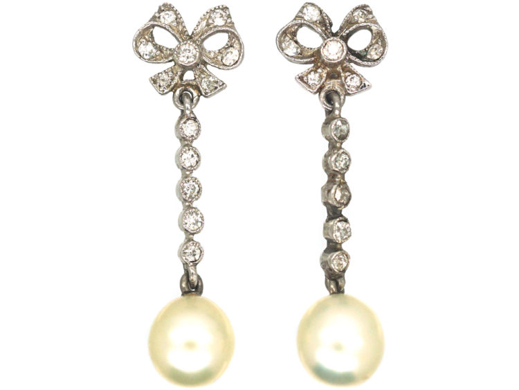 Edwardian Platinum, Diamond & Pearl Bow Drop Earrings