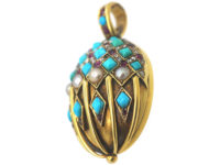Victorian 18ct Gold Ruby, Natural Split Pearl, Rose Diamond & Turquoise Pendant with Hinged Locket on the Reverse