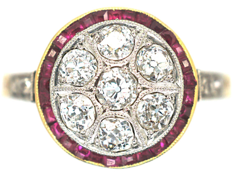 Art Deco 18ct Gold & Platinum, Diamond & Ruby Target Ring