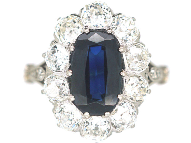 Art Deco Platinum, Sapphire & Diamond Oval Cluster Ring with Split Shoulders