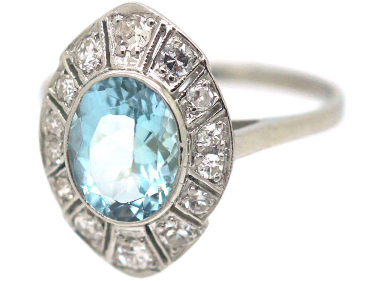 Art Deco Platinum Navette Shaped Aquamarine & Diamond Ring