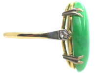 Art Deco 18ct Gold & Platinum Jade Ring with Diamond Set Shoulders