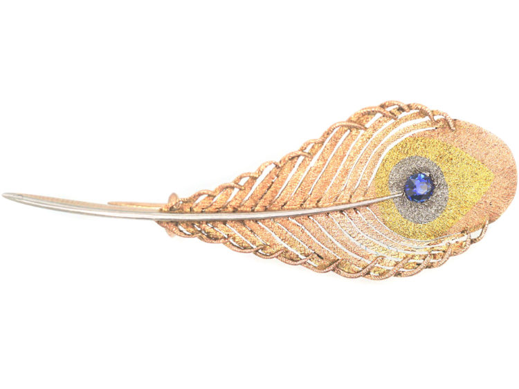 Edwardian Three Colour Gold Peacock Feather Brooch set with a Sapphire
