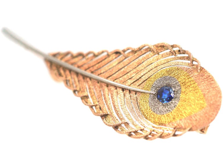 Edwardian Three Colour Gold Peacock Feather Brooch set with a Sapphire