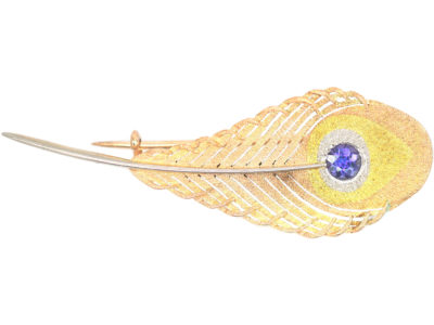 Edwardian 15ct Three Colour Gold & Platinum Peacock Feather Brooch