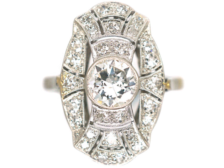 Art Deco Platinum & Diamond Oval Geometric Style Ring