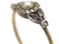 Edwardian 14ct Gold Rose Diamond & Natural Bouton Pearl Cluster Ring with Rose Diamond set Leaf Shoulders