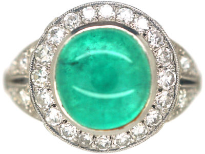 Art Deco Platinum, Cabochon Emerald & Diamond Ring