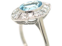 Art Deco Platinum Navette Shaped Aquamarine & Diamond Ring