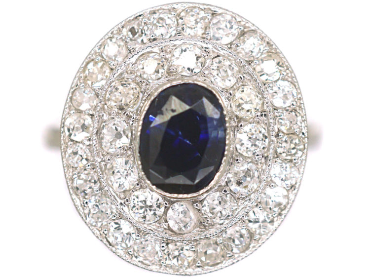 Art Deco Platinum Two Row Diamond & Sapphire Cluster Ring