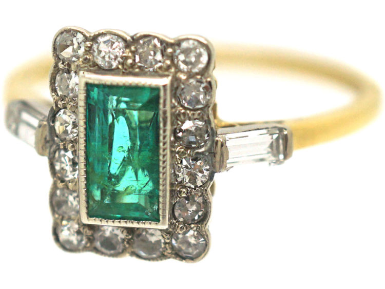 Art Deco 18ct Gold & Platinum, Emerald & Diamond Geometric Ring