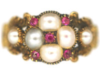 Georgian 15ct Gold, Natural Pearl & Ruby Cluster Ring