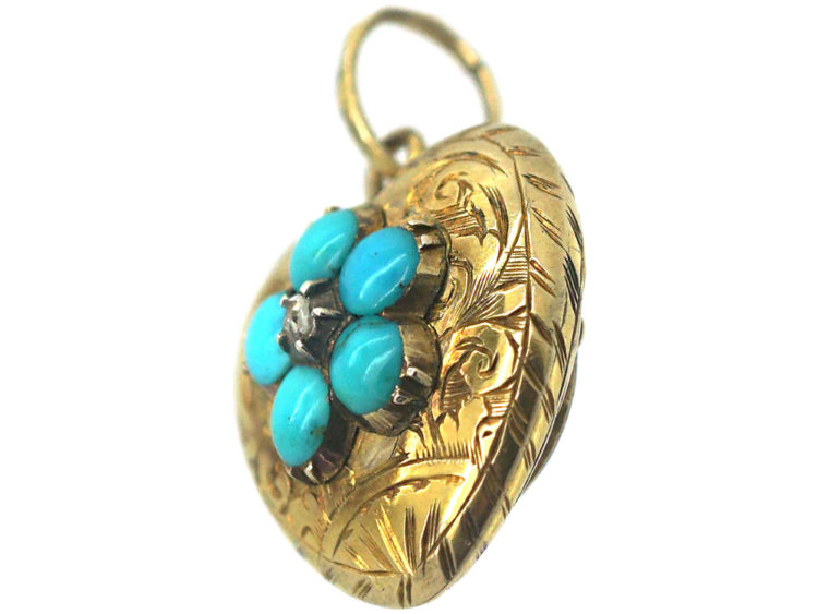 Georgian 15ct Gold Turquoise & Diamond Forget Me Not Heart Pendant with hinged Locket on Reverse