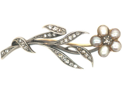Edwardian Silver , Gold Diamond & Natural Split Pearls Flower Brooch