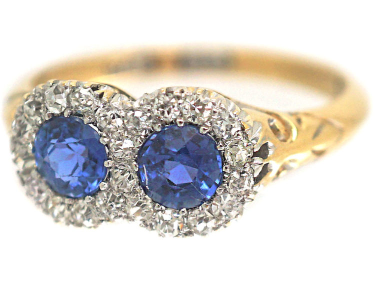 Edwardian 18ct Gold Double Cluster Sapphire & Diamond Ring