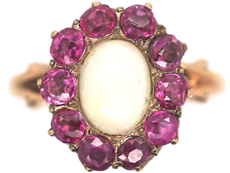 Edwardian 14ct Gold Opal & Ruby Cluster Ring