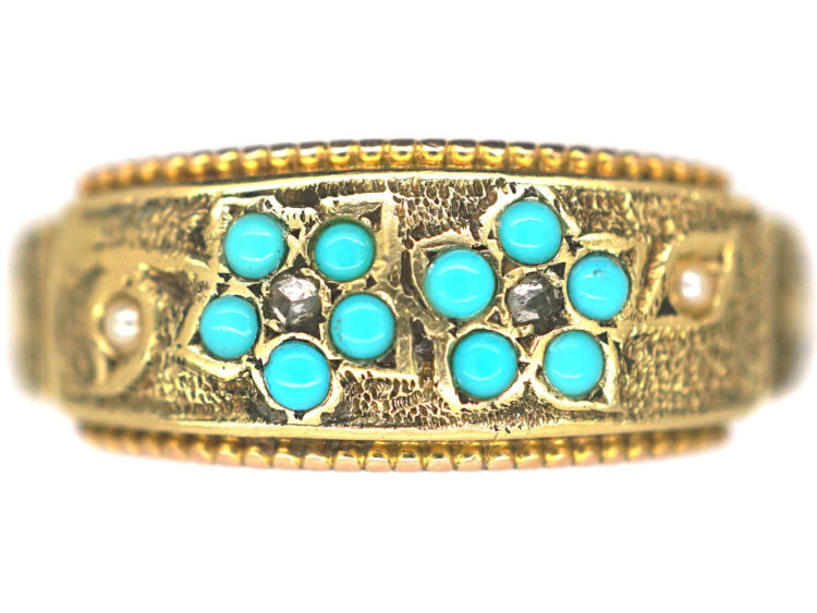 Victorian 15ct Gold Turquoise, Rose Diamond & Natural Split Pearl Forget Me Not Ring
