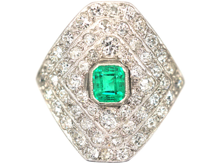 Art Deco Platinum Diamond Shaped Emerald & Diamond Ring