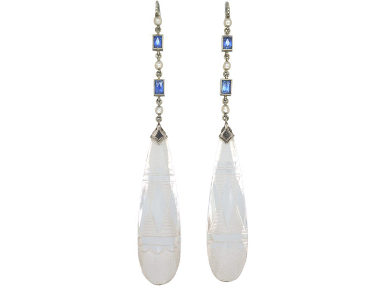 Art Deco 18ct White Gold, Rock Crystal & Sapphire Long Drop Earrings in Original Case