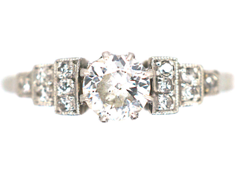 Art Deco 18ct White Gold & Platinum Diamond Solitaire Ring with Step Cut Shoulders