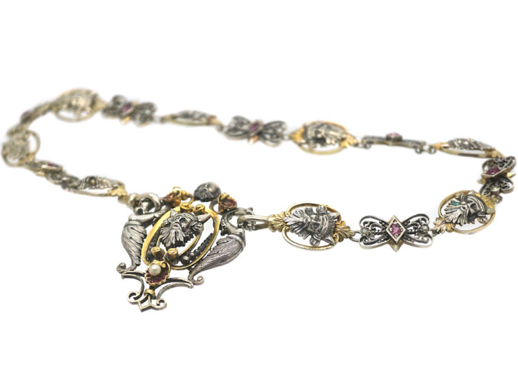 Silver & Silver Gilt, Ruby & Natural Split Pearl Renaissance Revival Necklace