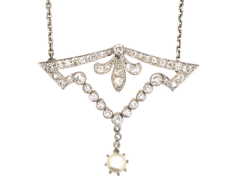 Edwardian 15ct Gold & Platinum, Diamond & Pearl Pendant on Silver Chain