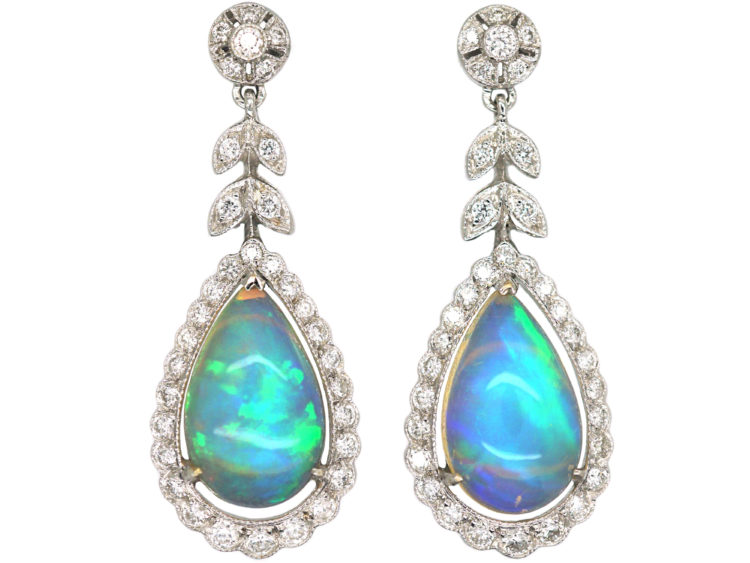 18ct White Gold Opal & Diamond Drop Earrings by Luke Stockley