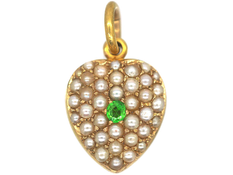 Edwardian 15ct Gold Heart Pendant set with Natural Split Pearls & A Demantoid Garnet