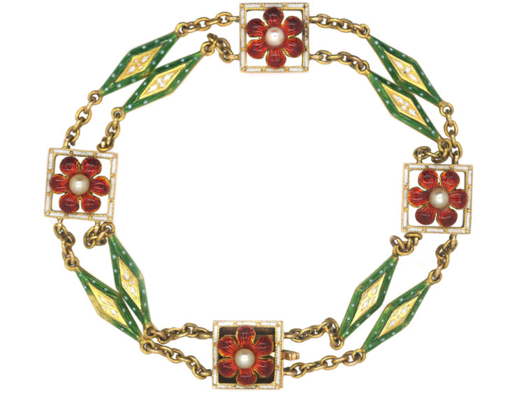 Victorian 15ct Gold, Enamel & Natural Pearls Jubilee Bracelet