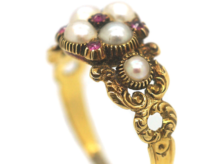 Georgian 15ct Gold, Natural Pearl & Ruby Cluster Ring