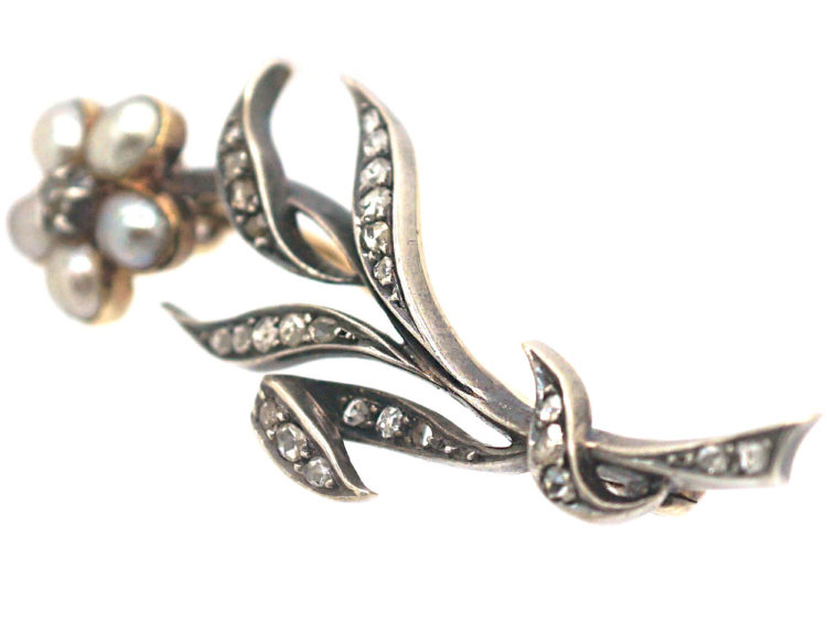 Edwardian Silver , Gold Diamond & Natural Split Pearls Flower Brooch