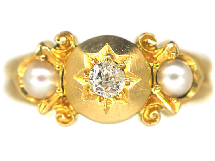 Edwardian 18ct Gold Diamond & Two Natural Split Pearls Ring