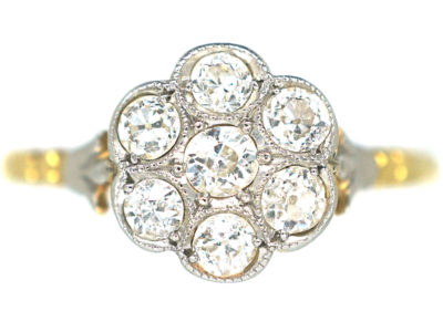 Edwardian 18ct Gold & Platinum Diamond Cluster Ring with Fleur de Lis Shoulders