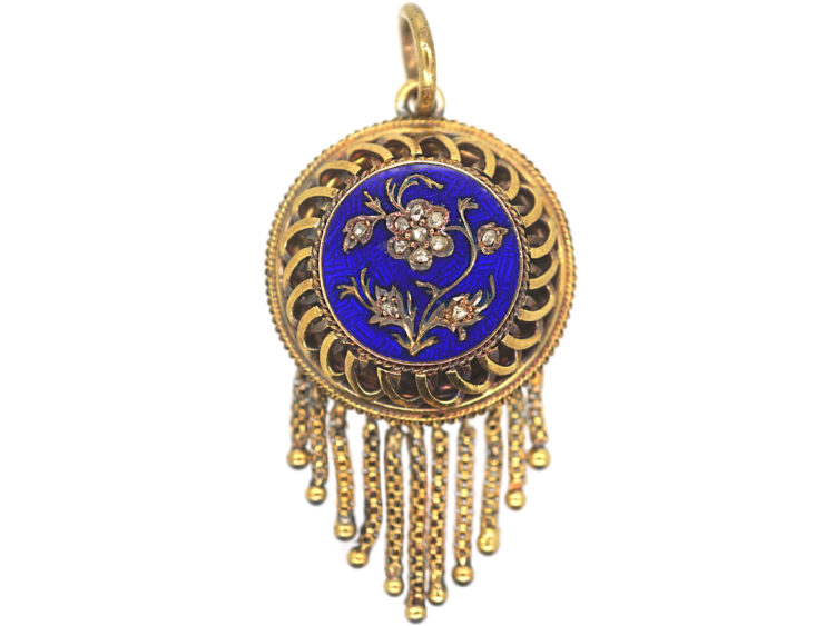 Victorian 18ct Gold Forget Me Not Royal Blue Enamel & Rose Diamond Pendant