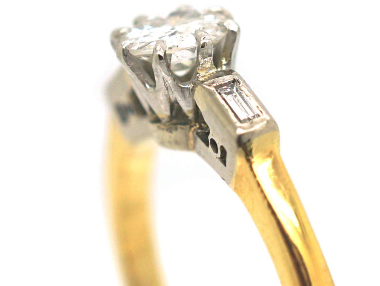 18ct Gold & Platinum, Diamond Solitaire Ring with a Baguette Diamond on Either Side