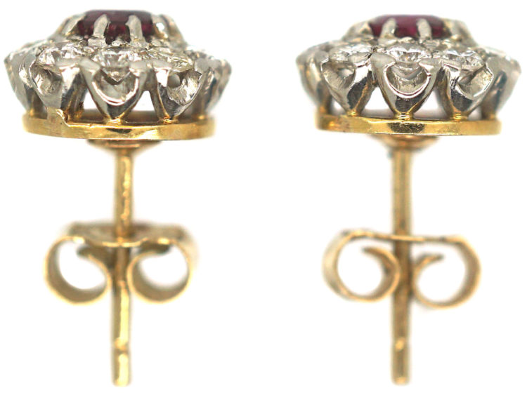 Art Deco 18ct White Gold Ruby & Diamond Cluster Earrings