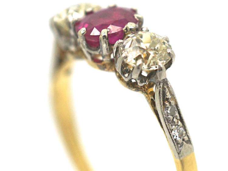 Art Deco 18ct Gold & Platinum, Three Stone Ruby & Diamond Ring