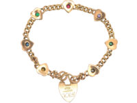 Edwardian 15ct Gold Hearts & Curb Motif Bracelet set with Gemstones that Spell Dearest
