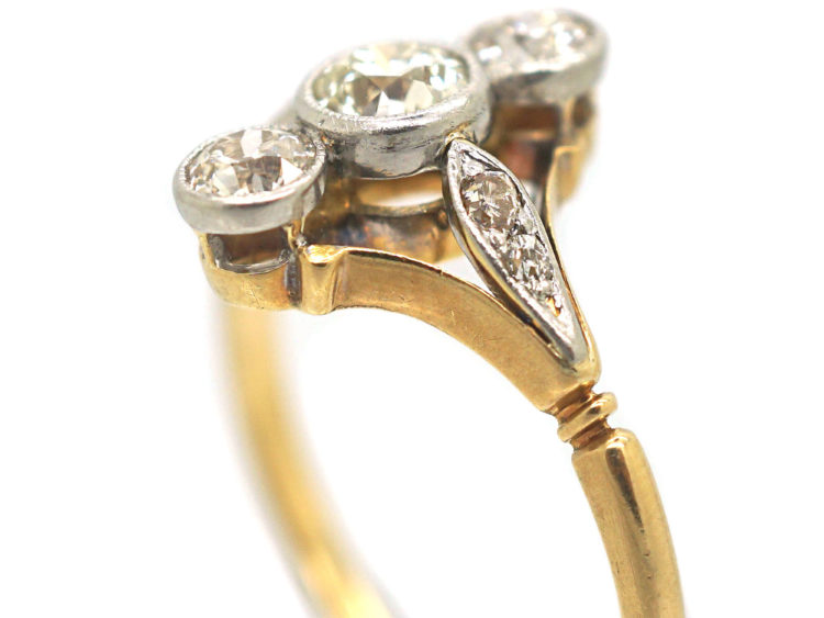 Art Deco 18ct Gold & Platinum, Three Stone Diamond Ring with Diamond Set Shoulders