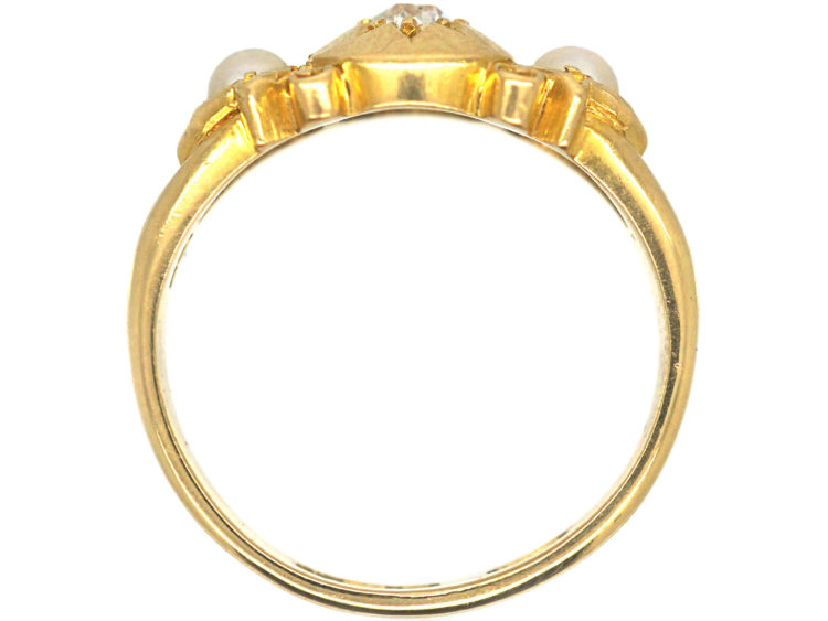Edwardian 18ct Gold Diamond & Two Natural Split Pearls Ring