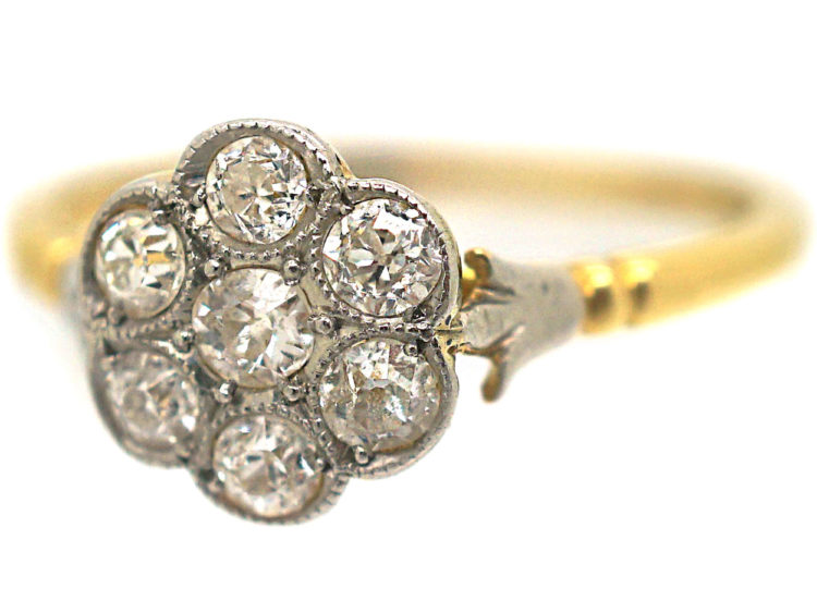 Edwardian 18ct Gold & Platinum Diamond Cluster Ring with Fleur de Lis Shoulders