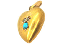 Edwardian 15ct Gold Heart Shaped Pendant set with Rose Diamonds & Turquoise