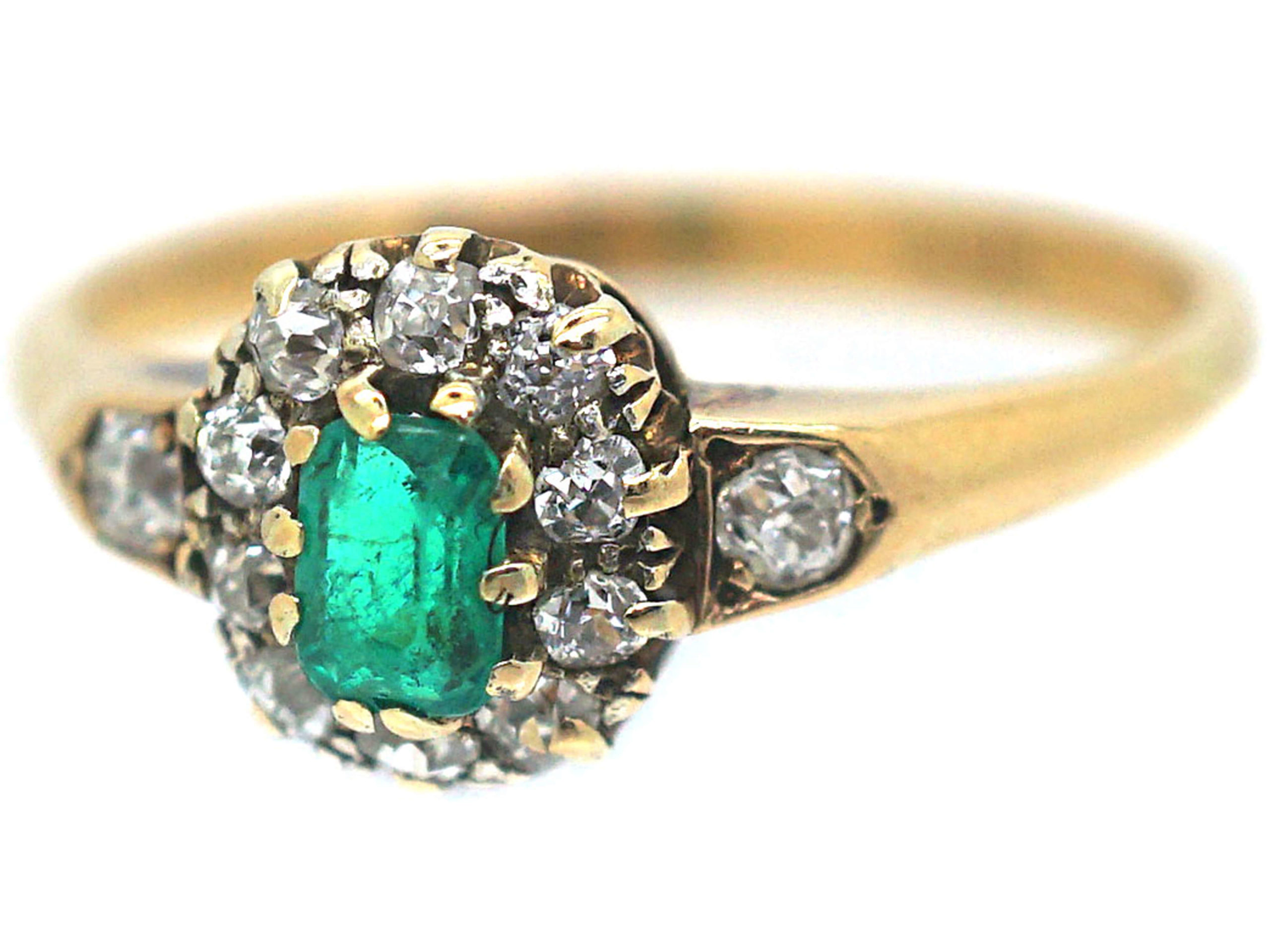 Edwardian 18ct Emerald & Diamond Cluster Ring with Diamond Set ...