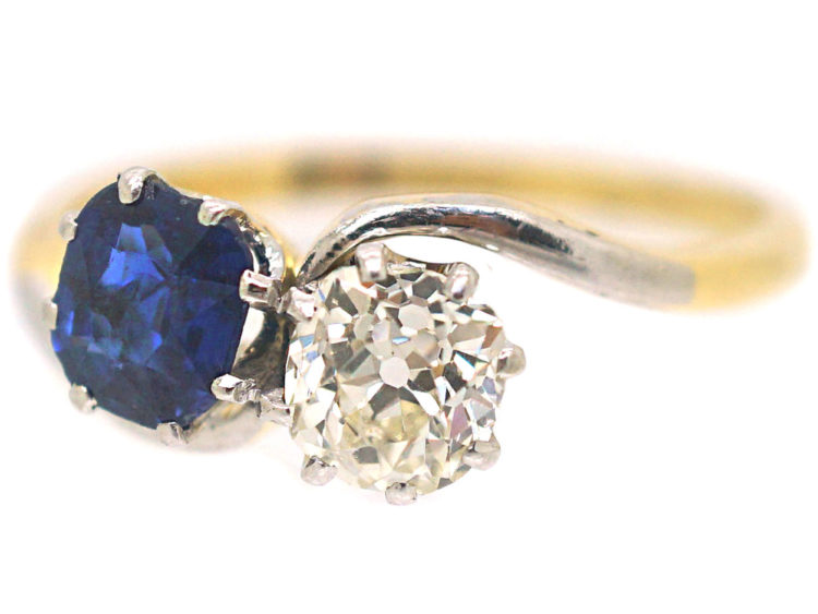 Edwardian 18ct Gold & Platinum Sapphire & Diamond Crossover Ring