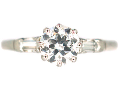 Art Deco Platinum & Diamond Solitaire Ring with Baguette Diamond Shoulders